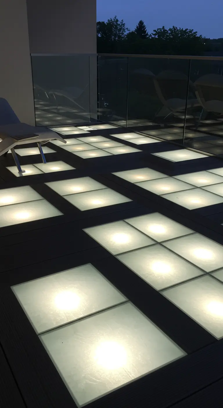 Balkon 's nachts met verlichte glazen vloerpanelen en moderne stoel.