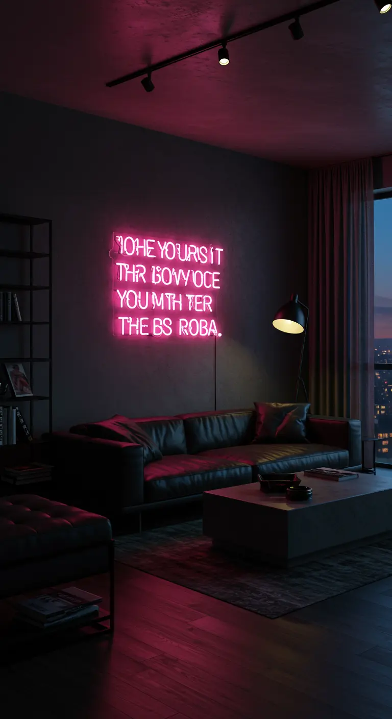 Donkere, moderne woonkamer met roze neonverlichting met een quote aan de muur.