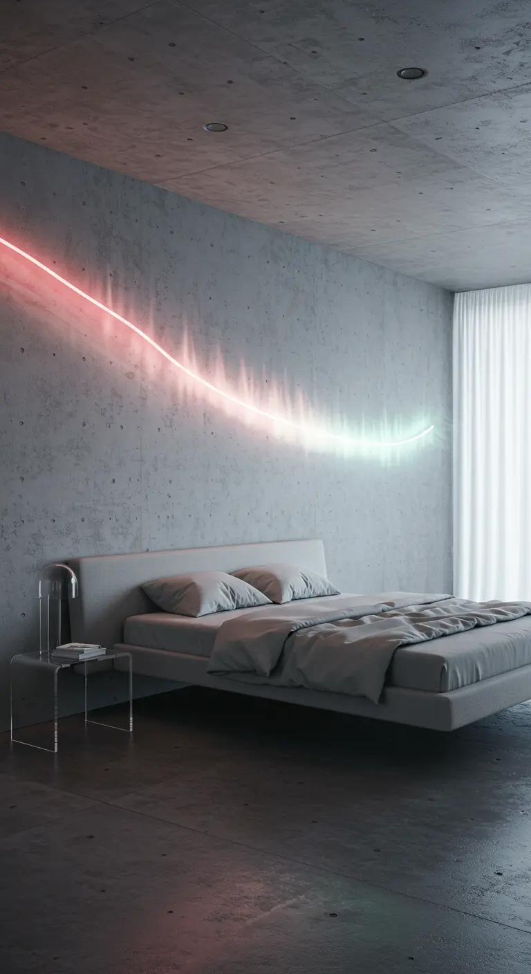 Minimalistische slaapkamer met betonwand en abstracte LED-lichtkunst.