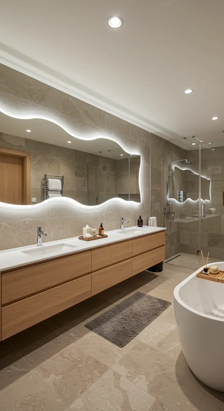 Ruime badkamer met een zeer brede, golvende spiegel met LED-verlichting boven houten meubel.