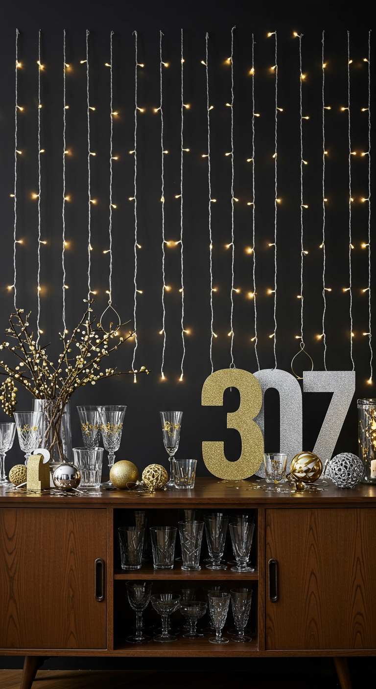 Feestelijke setting met een muur van lichtjes, glittercijfers en champagneglazen.