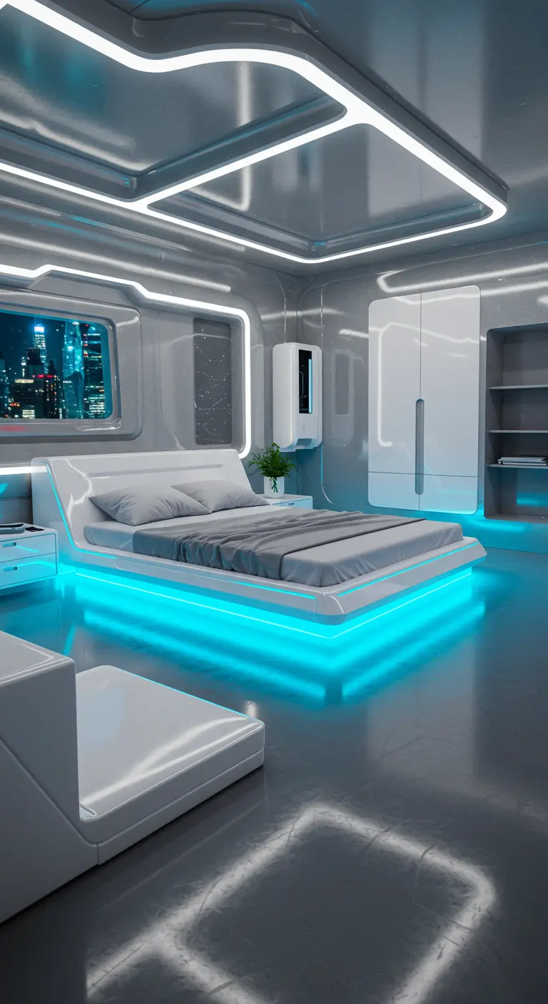 Futuristische slaapkamer met een bed dat cyaanblauw licht uitstraalt van onderen.
