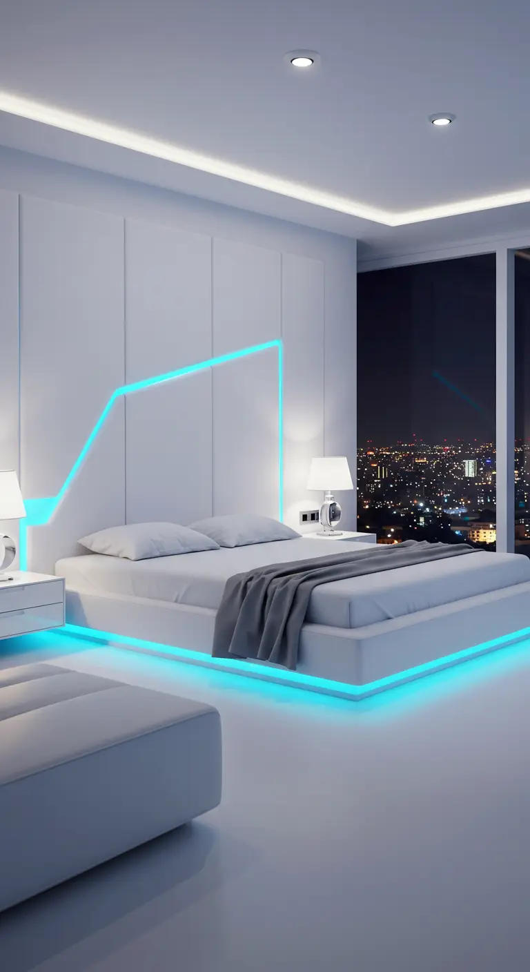 Wit futuristisch bedframe met geïntegreerde blauwe LED-verlichting.