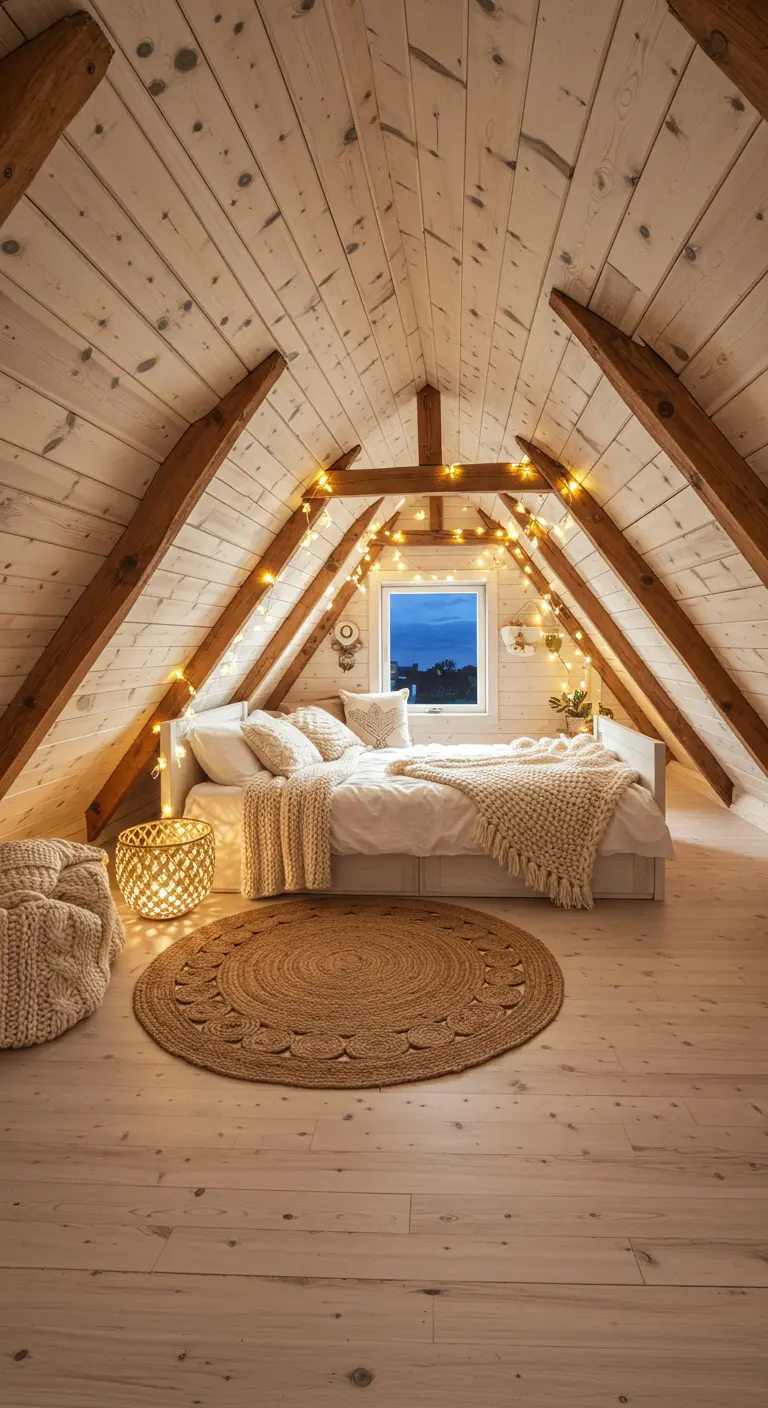 Knusse zolderslaapkamer met houten balken, sfeerverlichting en een rond jute vloerkleed.