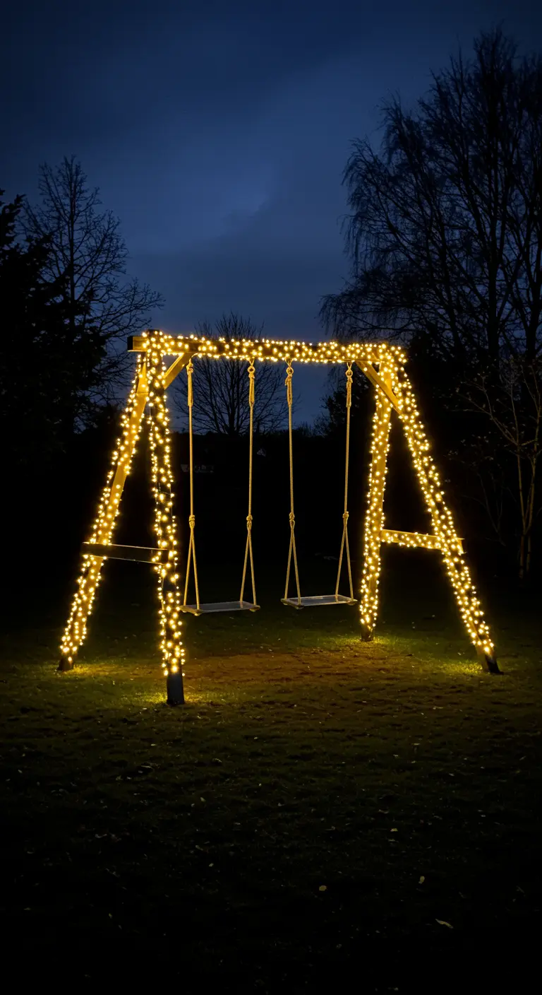 Houten A-frame schommel in de avond, volledig bedekt met warmwitte kerstlampjes.