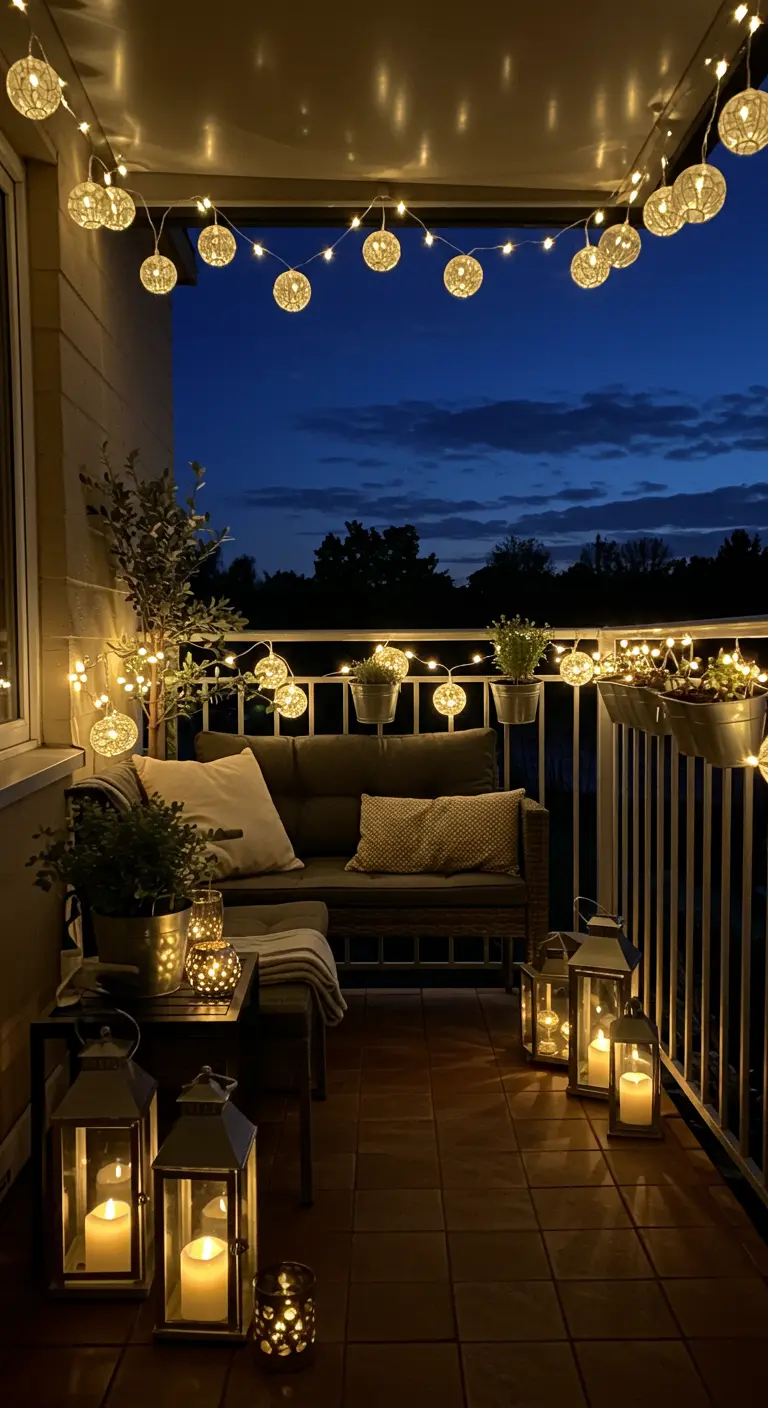 Balkon 's avonds verlicht met vele lichtsnoeren en lantaarns, loungebank.