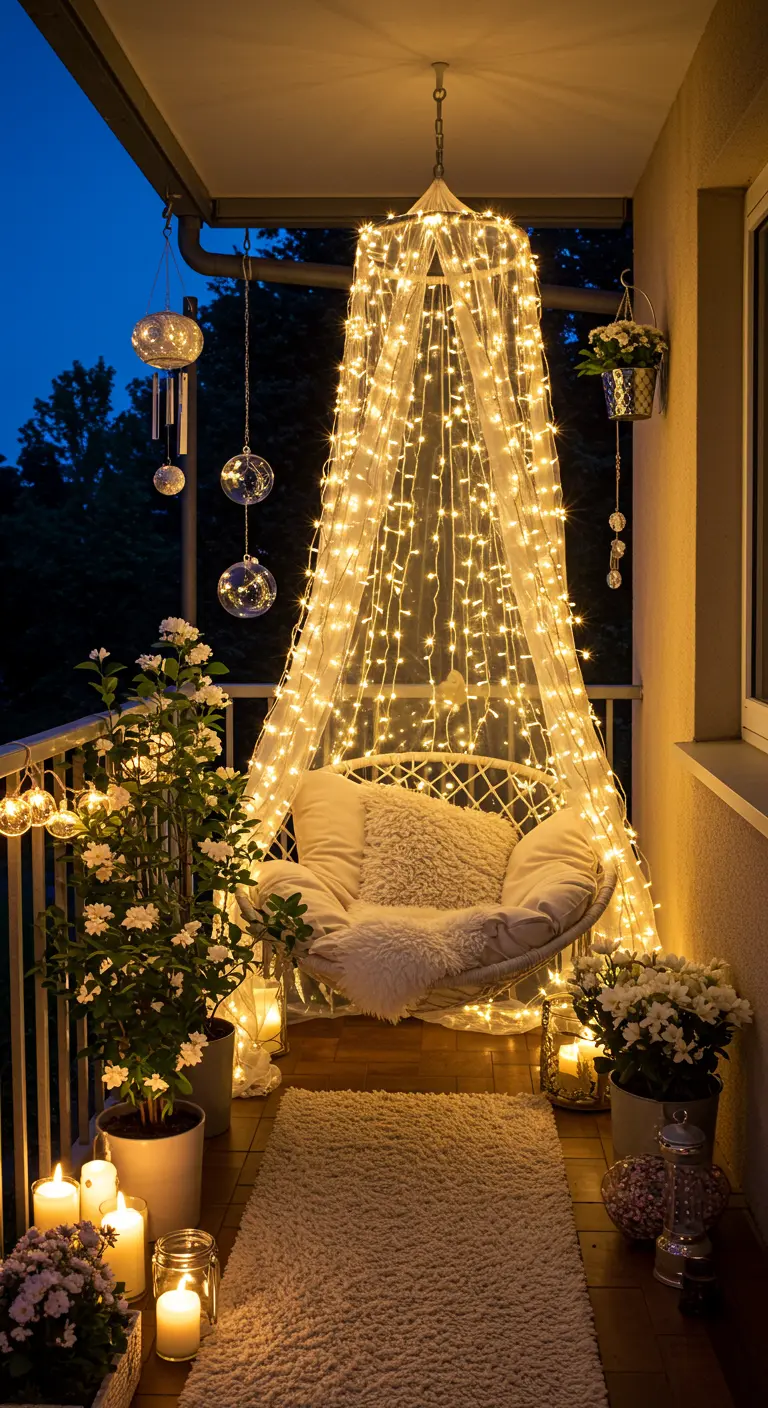 Hangstoel 's avonds, omhuld door een gordijn van warmwitte lichtjes.