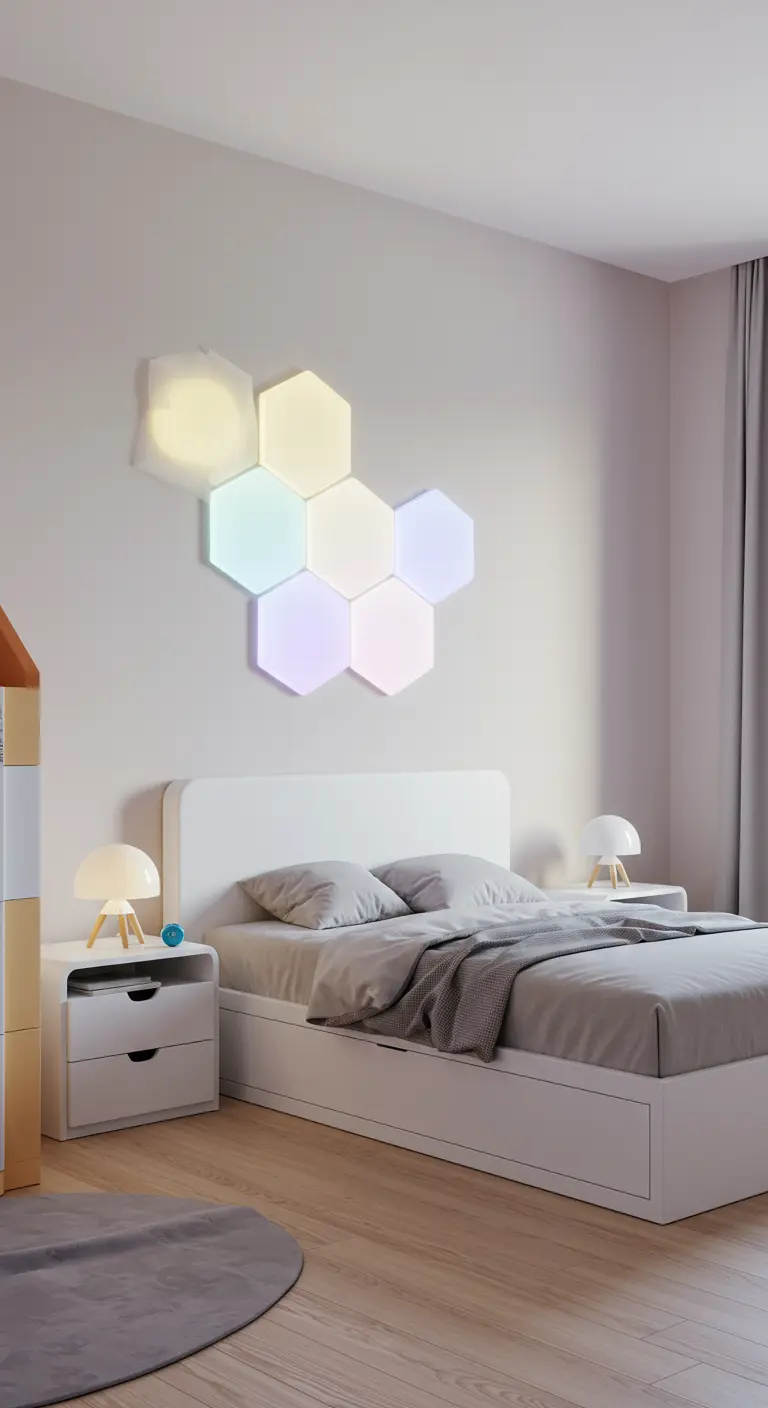 Modulaire hexagon LED-wandlampen in verschillende kleuren boven een modern wit bed.
