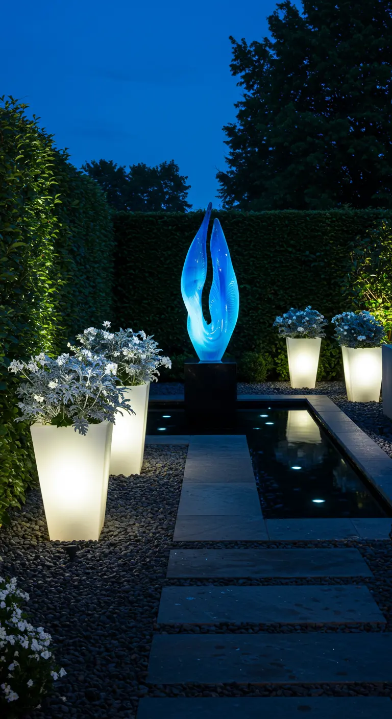 Moderne tuin met blauwe glazen sculptuur, verlichte witte potten en strakke vijver bij schemering.