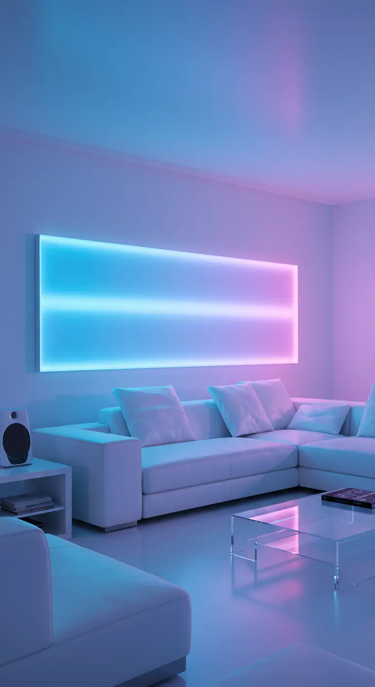 Witte woonkamer met een groot rechthoekig LED-paneel dat blauw en roze licht uitstraalt.