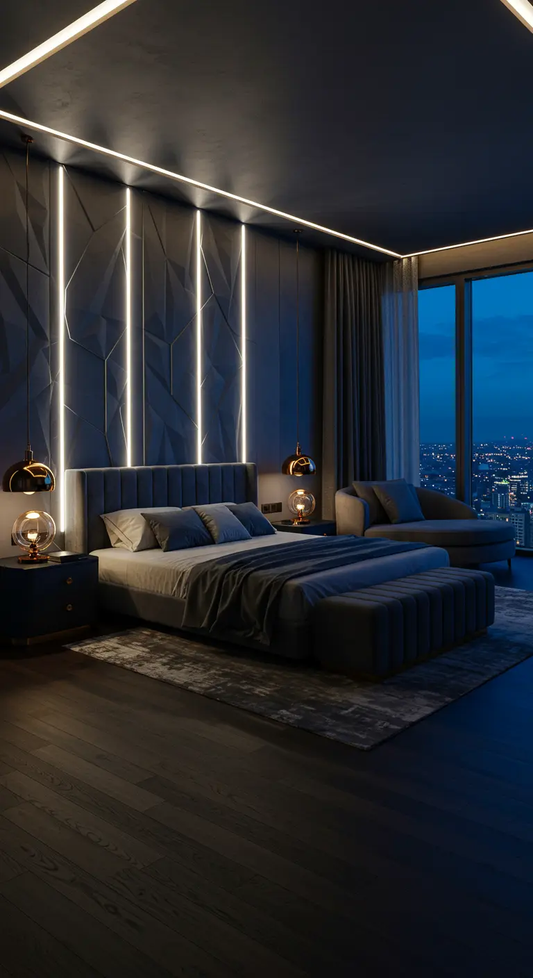 Luxe donkere slaapkamer met geometrisch wandpaneel en geïntegreerde LED-verlichting.