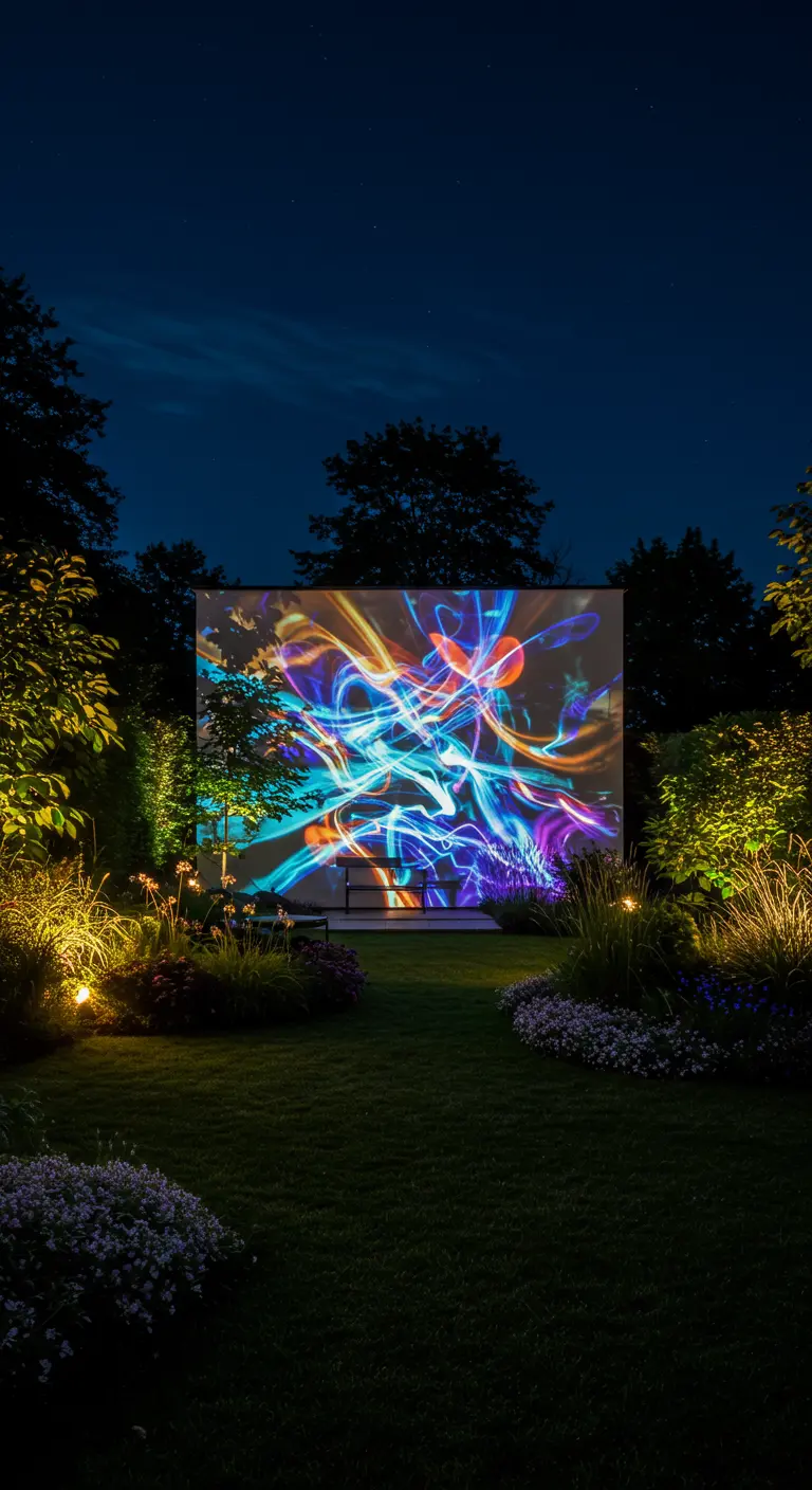 Abstracte, kleurrijke lichtprojectie op een grote witte muur in een tuin bij nacht.