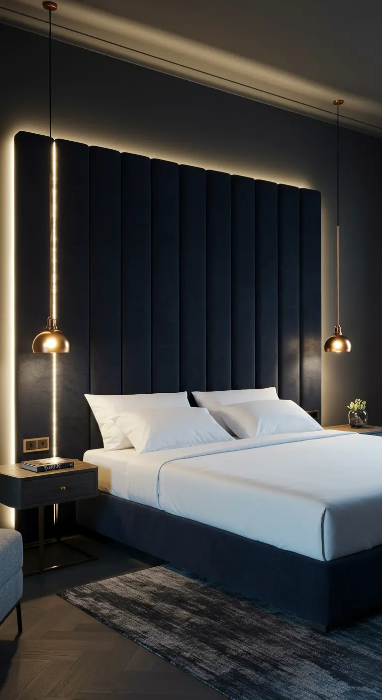 Luxe donkere slaapkamer met indirect licht achter hoofdbord en hanglampen.