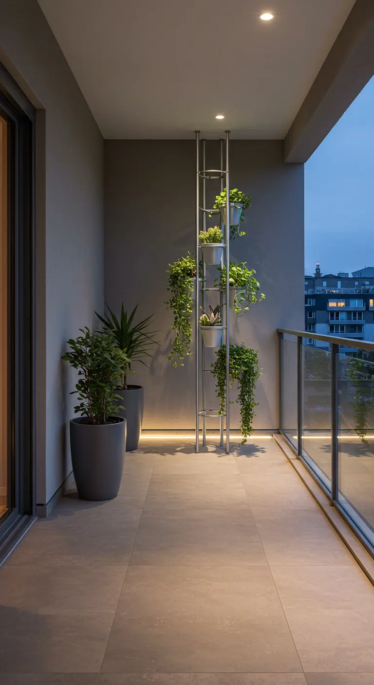Metalen plantenladder op modern balkon met hangplanten en sfeervolle LED-verlichting.