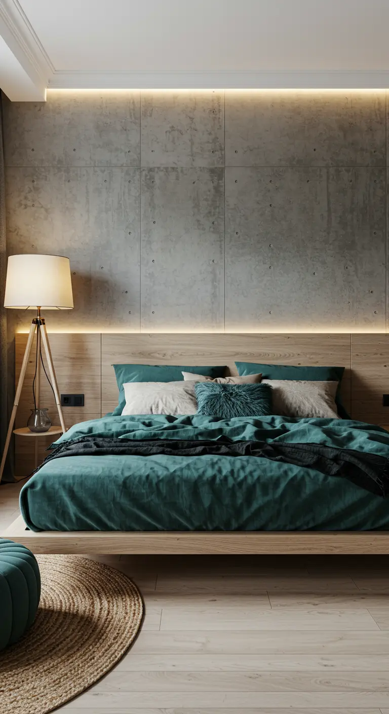 Moderne slaapkamer met betonwand, LED-verlichting en petrolgroen beddengoed.