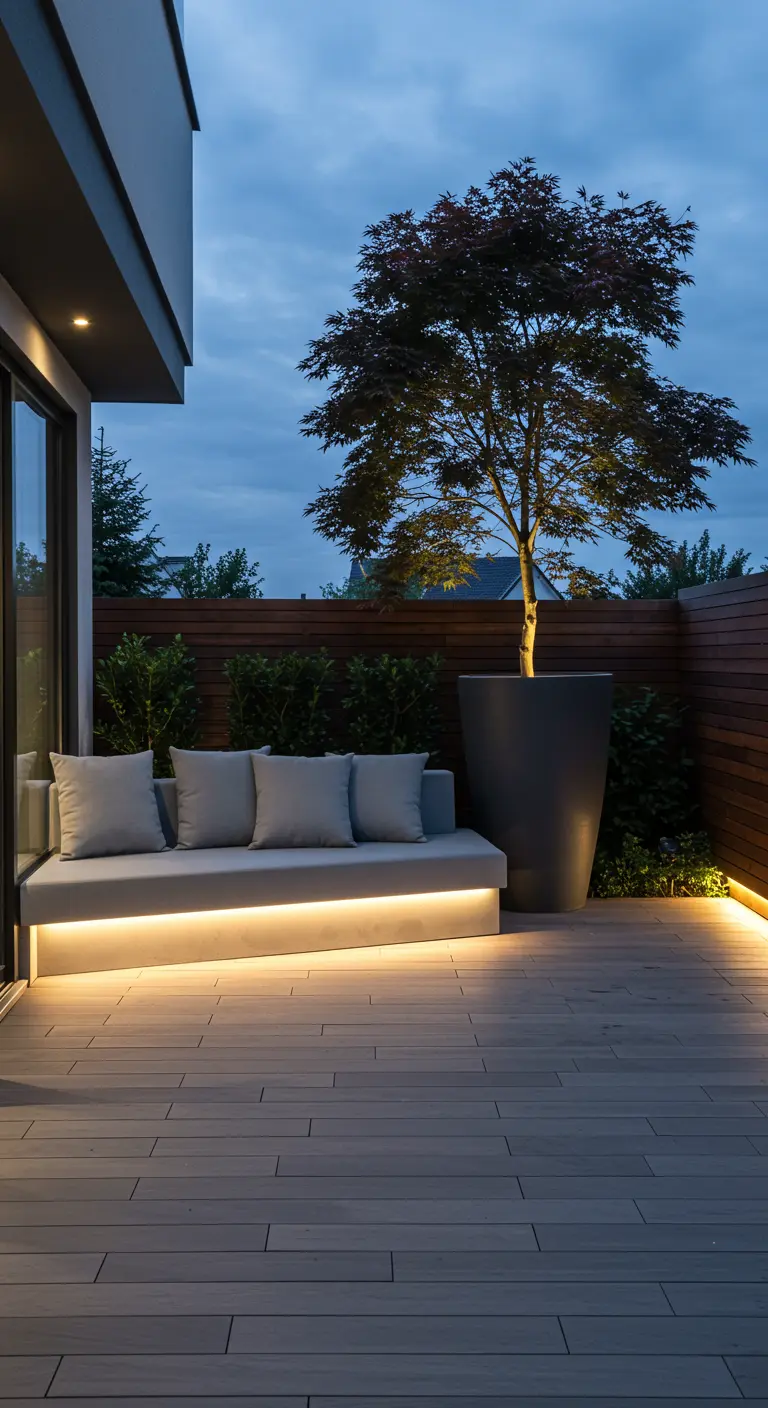 Moderne buitenbank met LED-verlichting eronder en een grote boom in een pot.