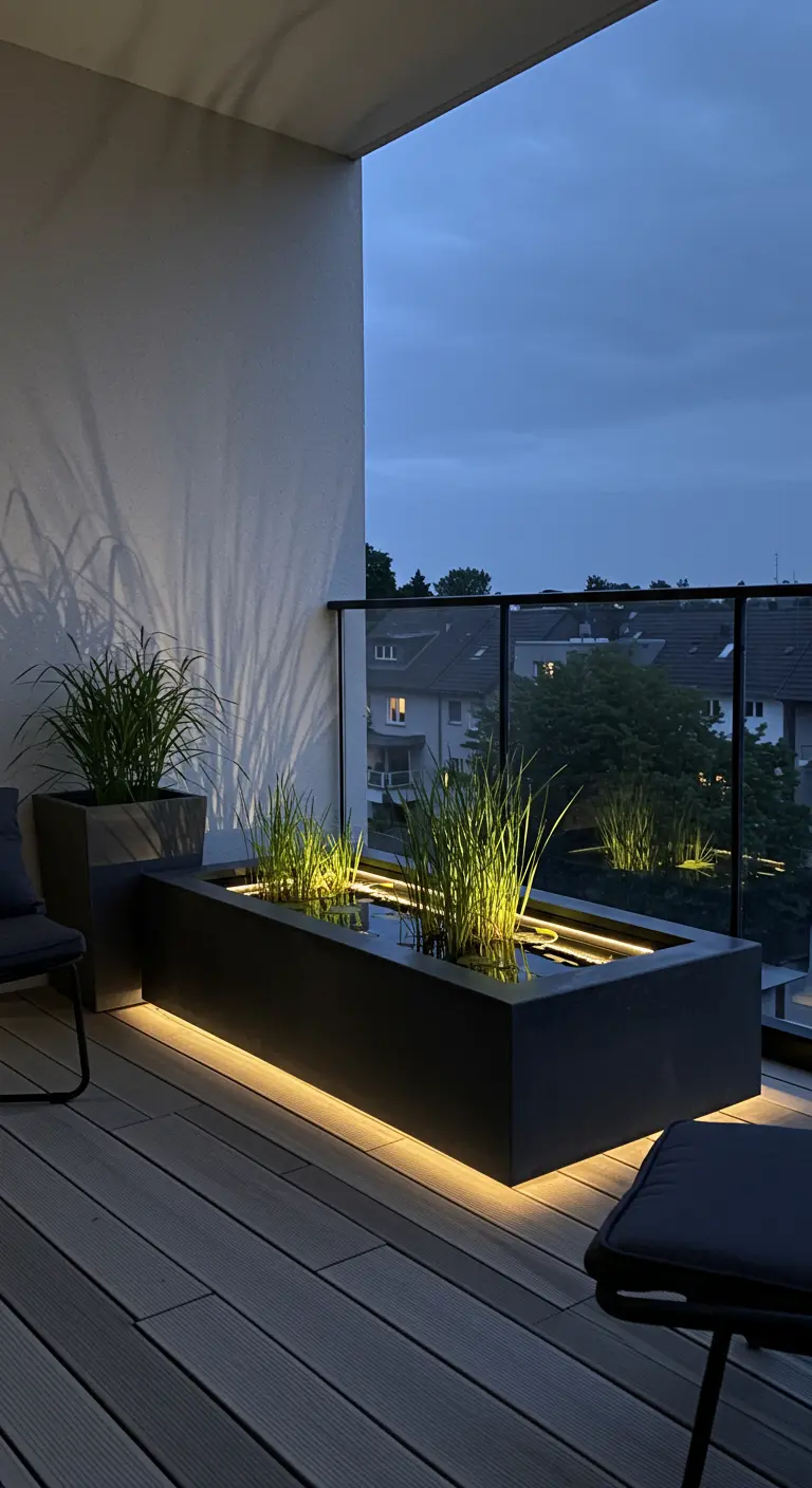 Moderne zwarte rechthoekige vijver op houten balkonvlonder, 's avonds verlicht met LED-strip.