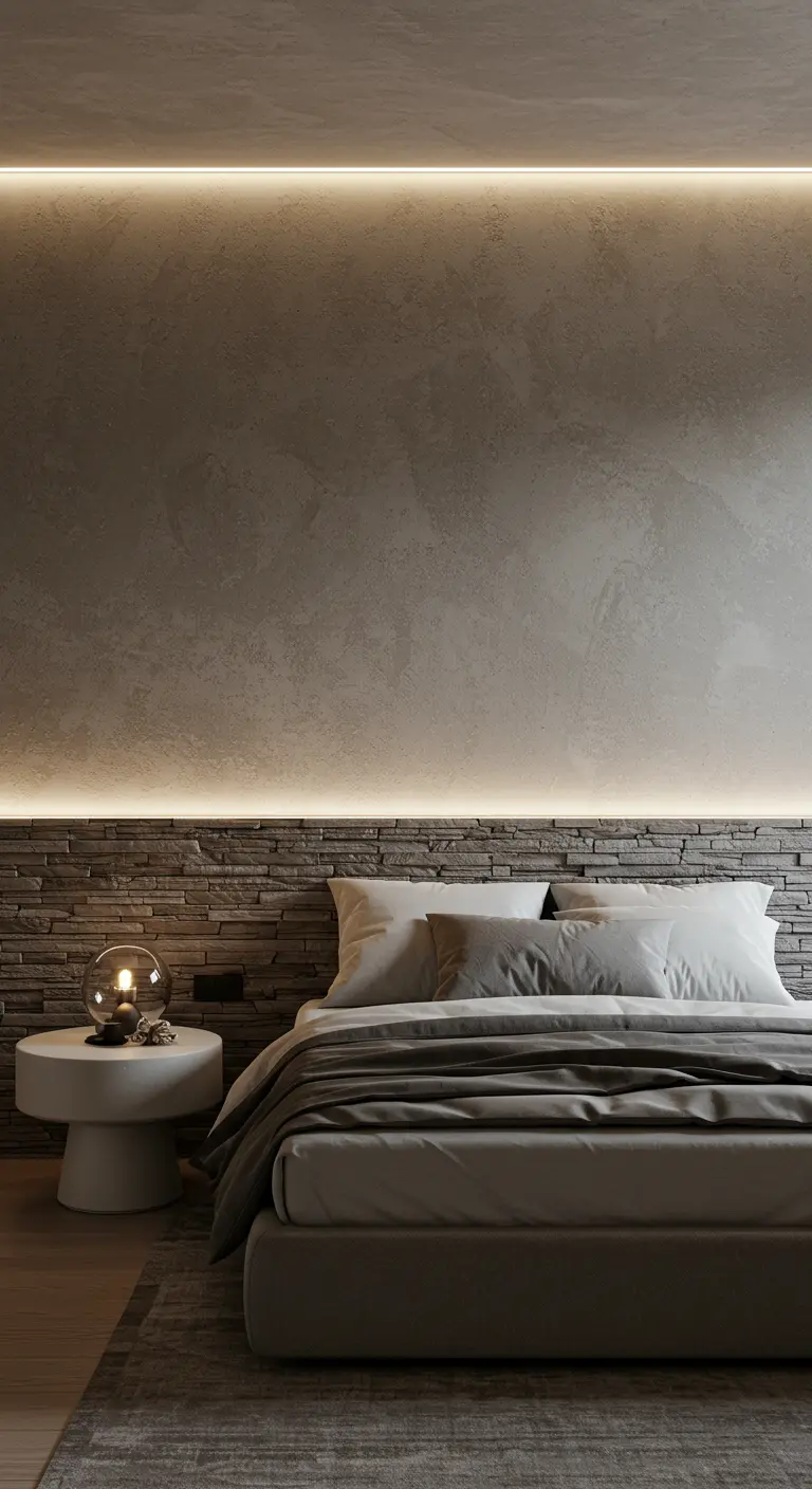 Modern bed met LED-stripverlichting achter het hoofdbord en langs een muur.