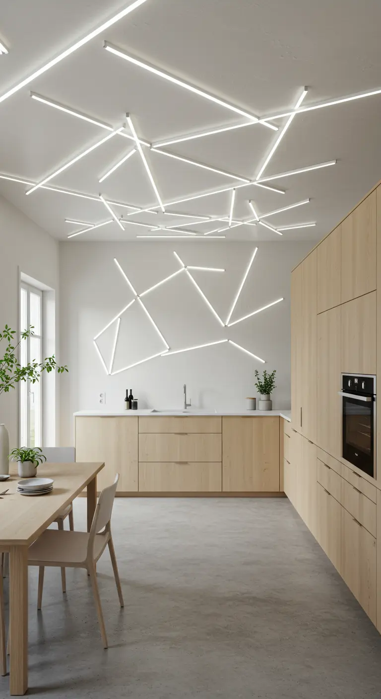 Moderne keuken met geometrische LED-lichtlijnen aan plafond en muur.