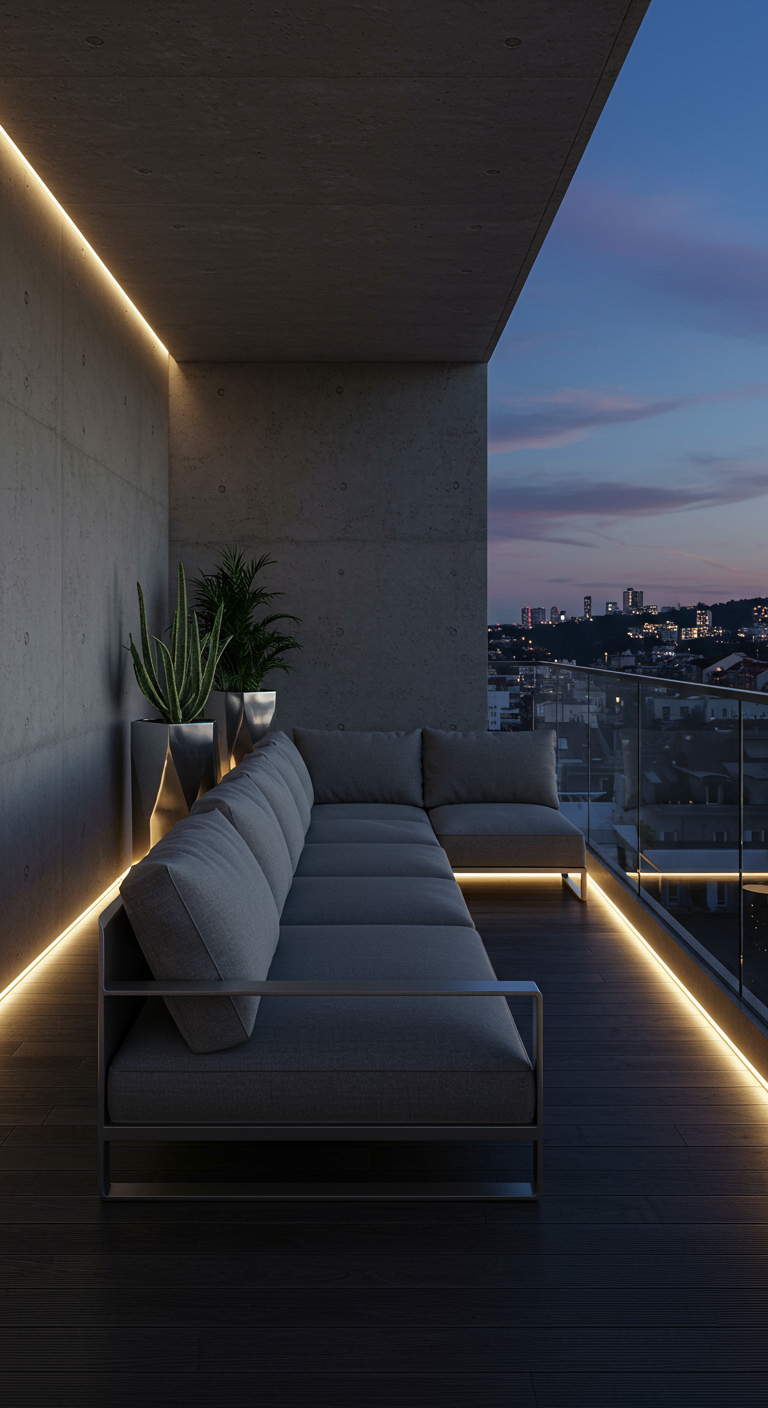 Modern balkon met grijze loungebank en sfeervolle LED-verlichting langs de randen bij avond.