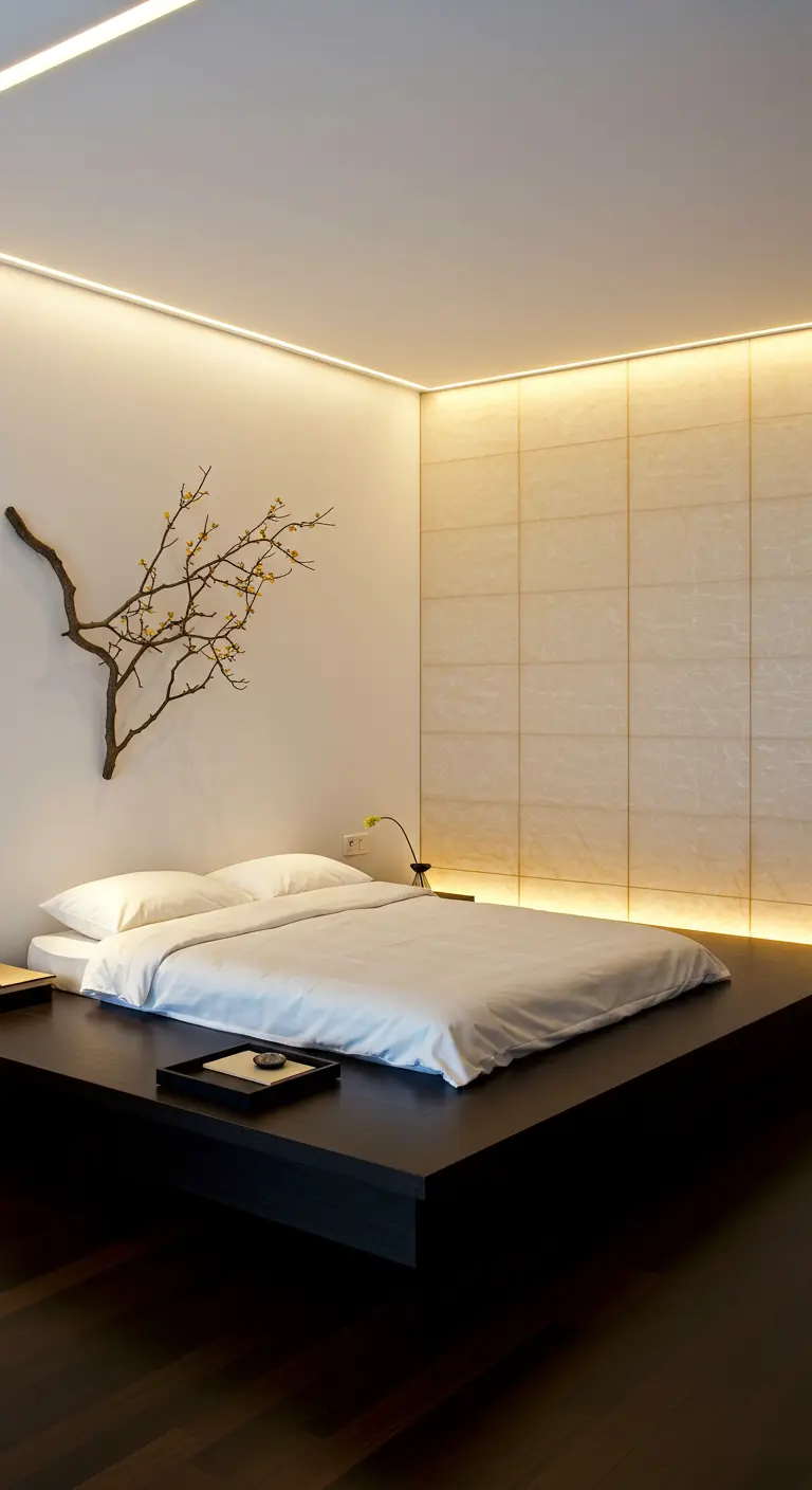 Japandi slaapkamer met laag bed, indirecte LED-verlichting, wandpaneel en decoratieve tak.