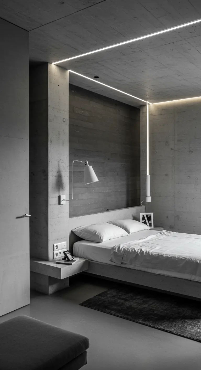 Minimalistische betonnen slaapkamer met LED-strips die een nis rond het bed accentueren.