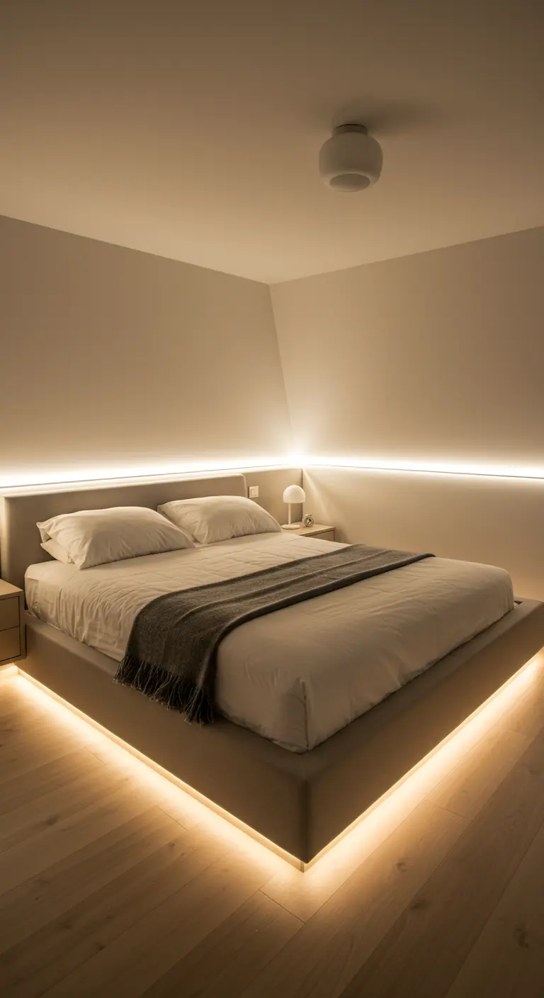 Slaapkamer met LED-strips langs plinten en achter hoofdbord voor een zwevend effect.
