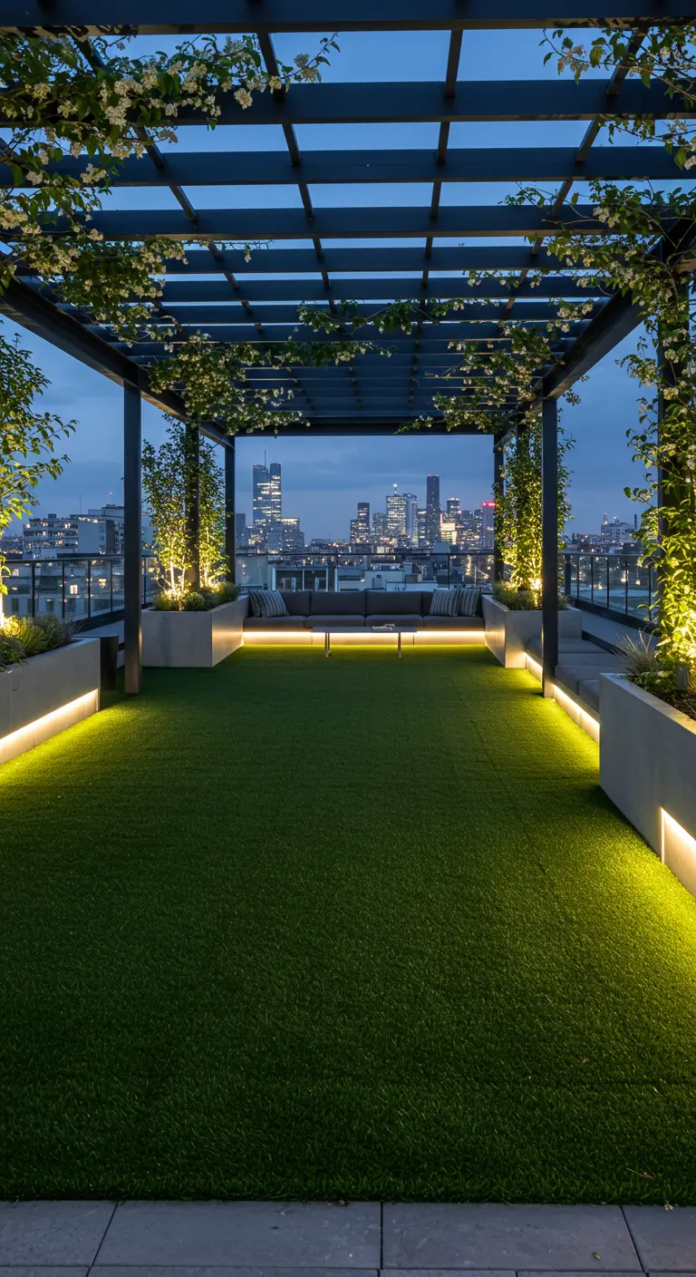 Moderne daktuin met donkere pergola, kunstgras en LED-verlichting die uitnodigt naar stadszicht.