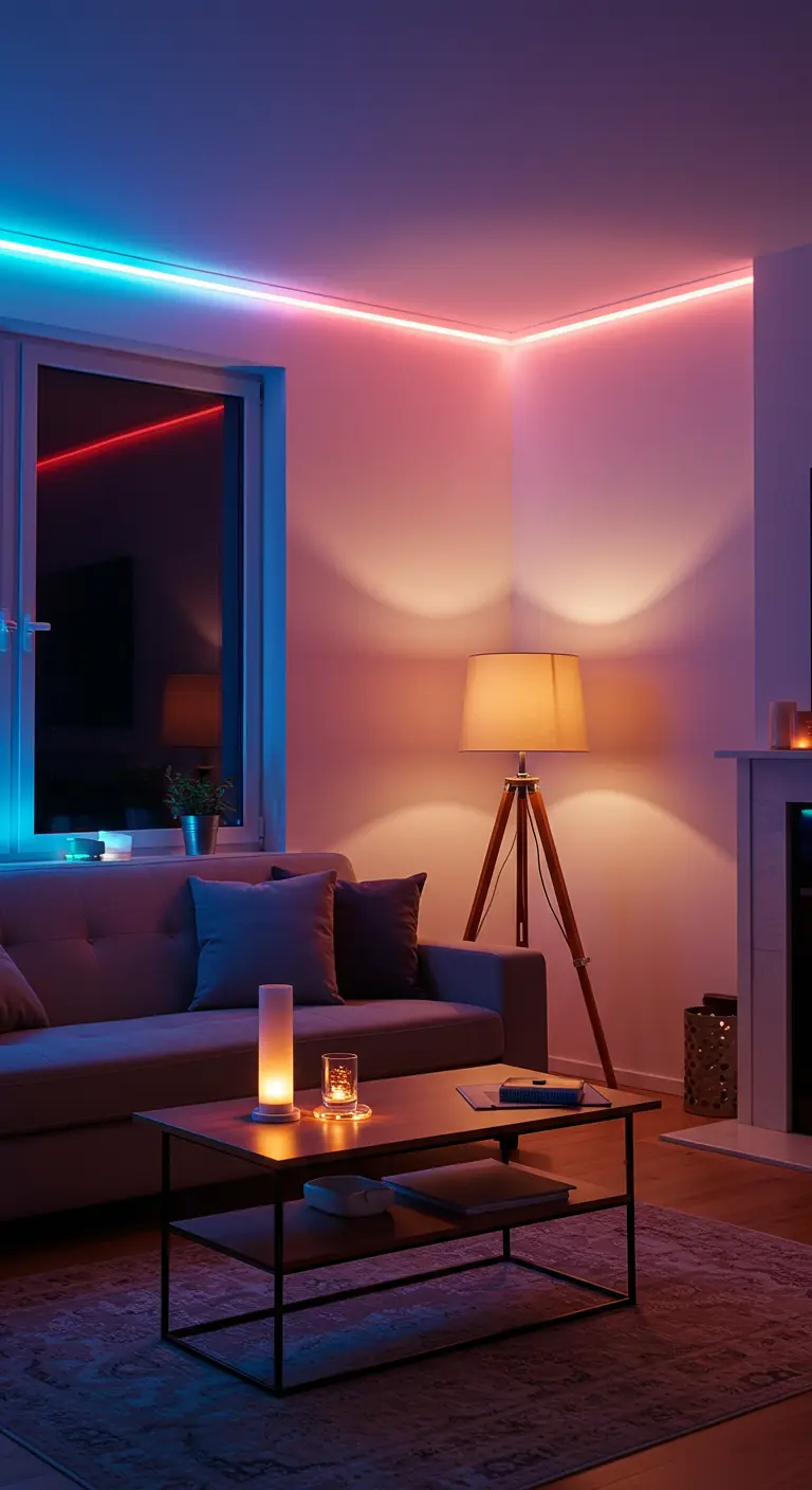Woonkamer met sfeervolle LED-stripverlichting in roze en blauw langs plafond en raam.