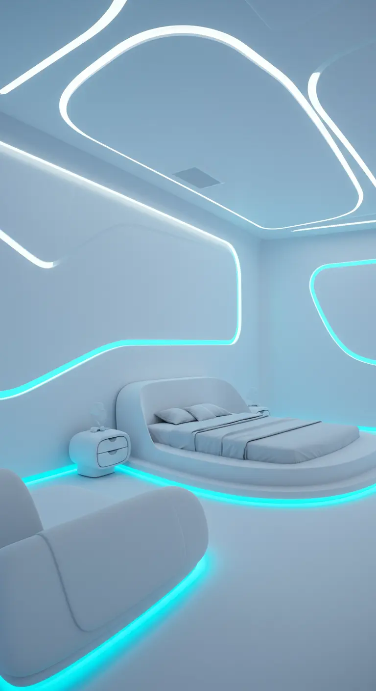 Futuristisch witte slaapkamer met blauwe organische LED-lichtlijnen langs muren en meubels.
