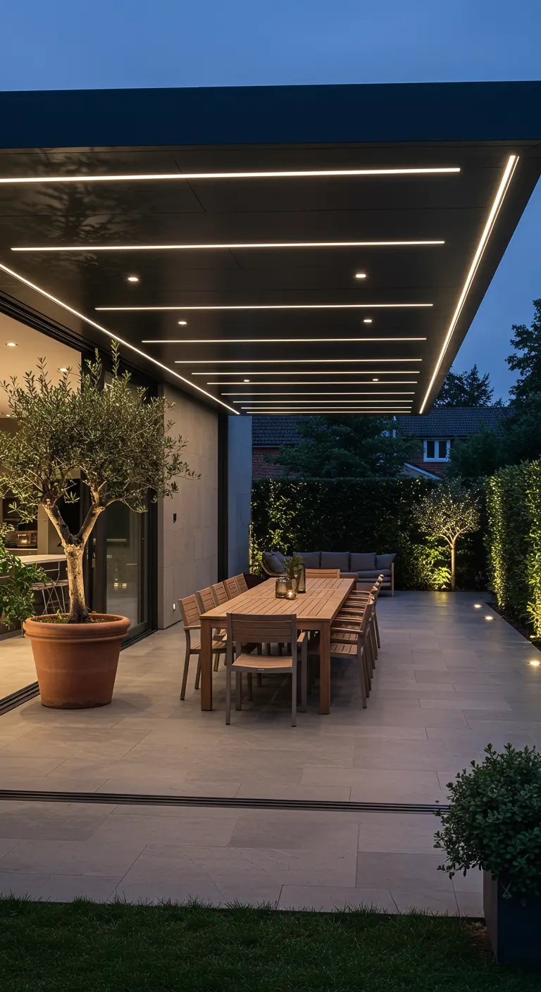 Moderne overkapping met ingefreesde LED-strips boven een grote houten eettafel.