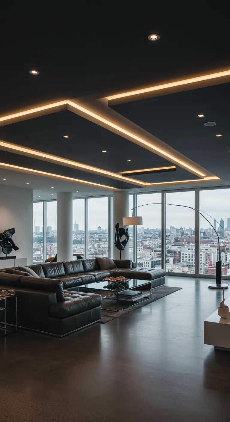 Modern interieur met donkergrijs verlaagd plafond en ingebouwde warme LED-lichtlijnen.