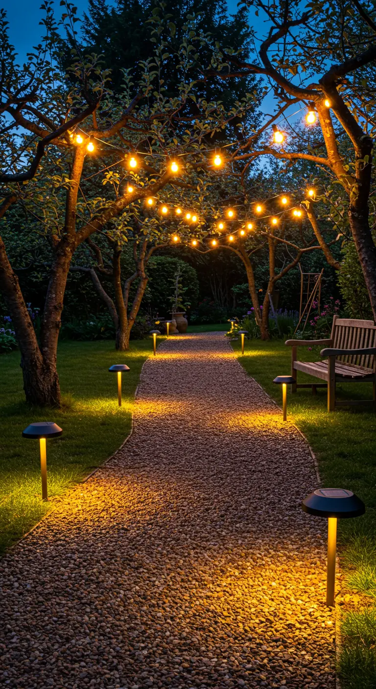 Tuinpad 's avonds verlicht met een prikkabel en solar grondspots.