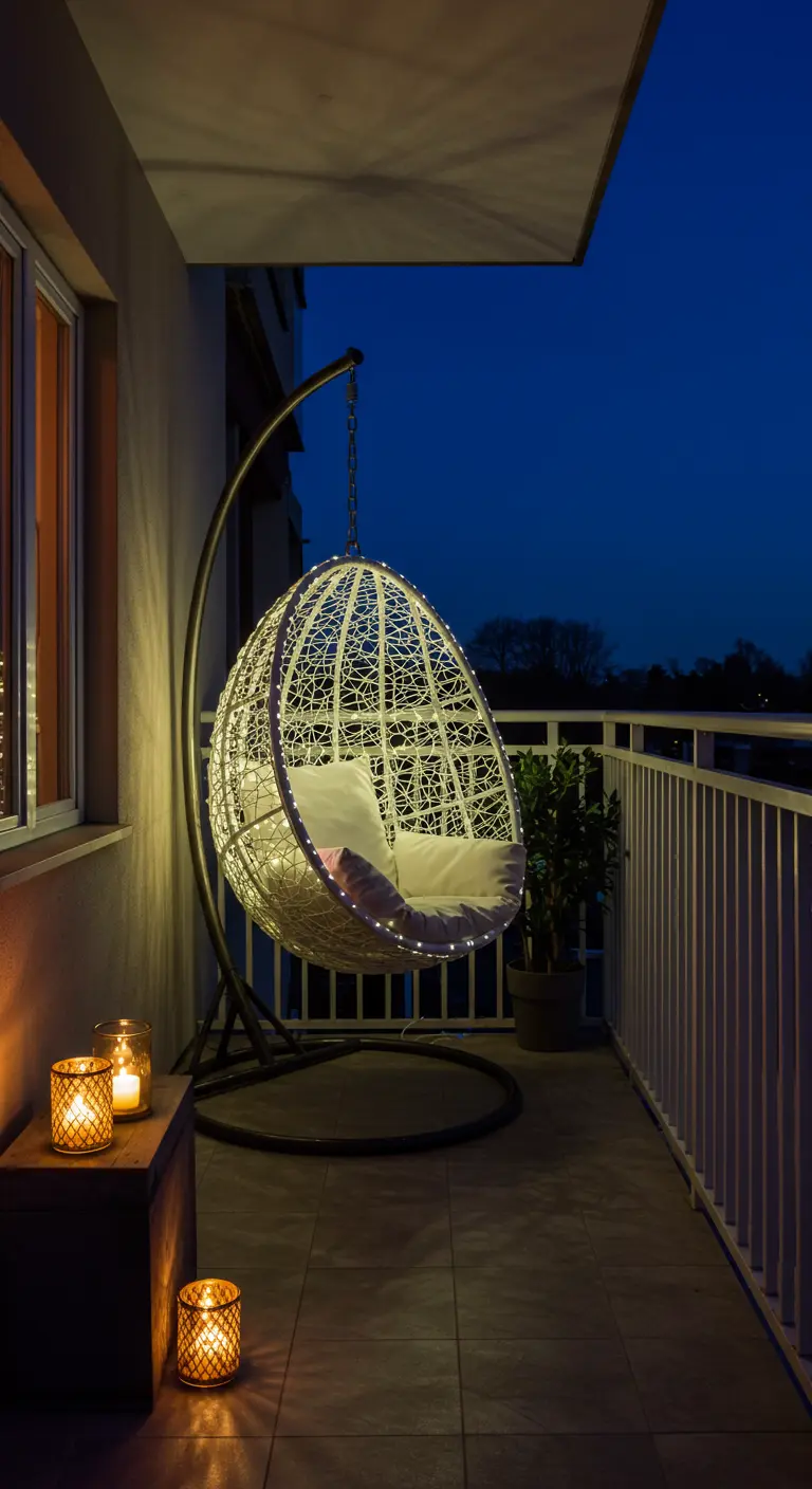 Witte hangstoel met standaard, 's avonds verlicht met een lichtsnoer en kaarsen.