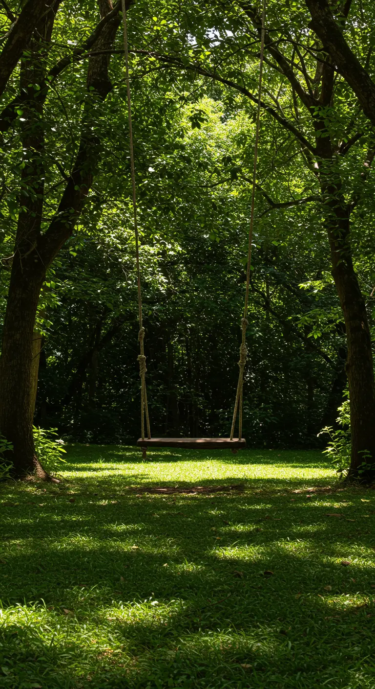 Boomstam-schommel in een donker bos met zonnestralen die door de bladeren filteren.