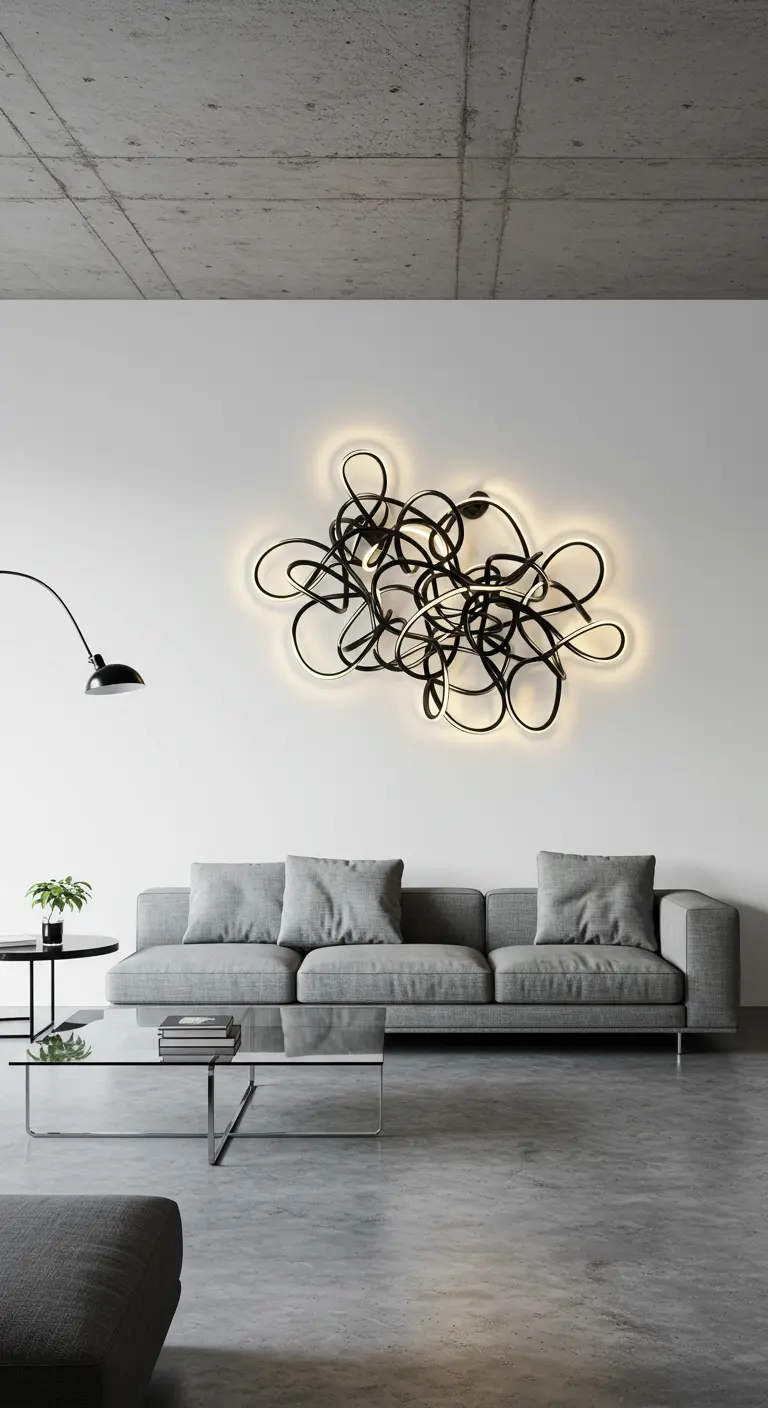 Moderne woonkamer met witte muur en een abstracte zwarte metalen sculpturale wandlamp.