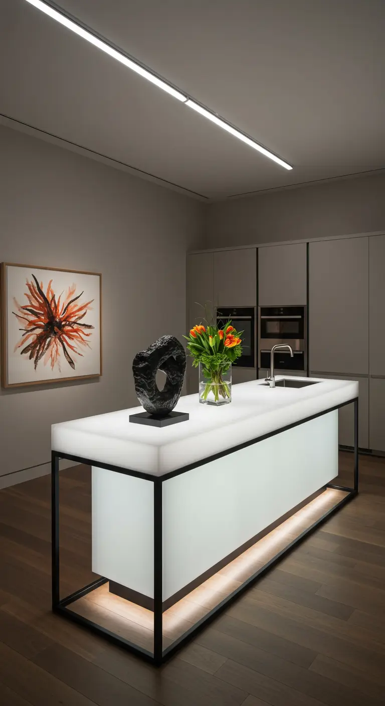 Moderne keuken met een wit doorschijnend, verlicht kookeiland en een strak zwart metalen frame.