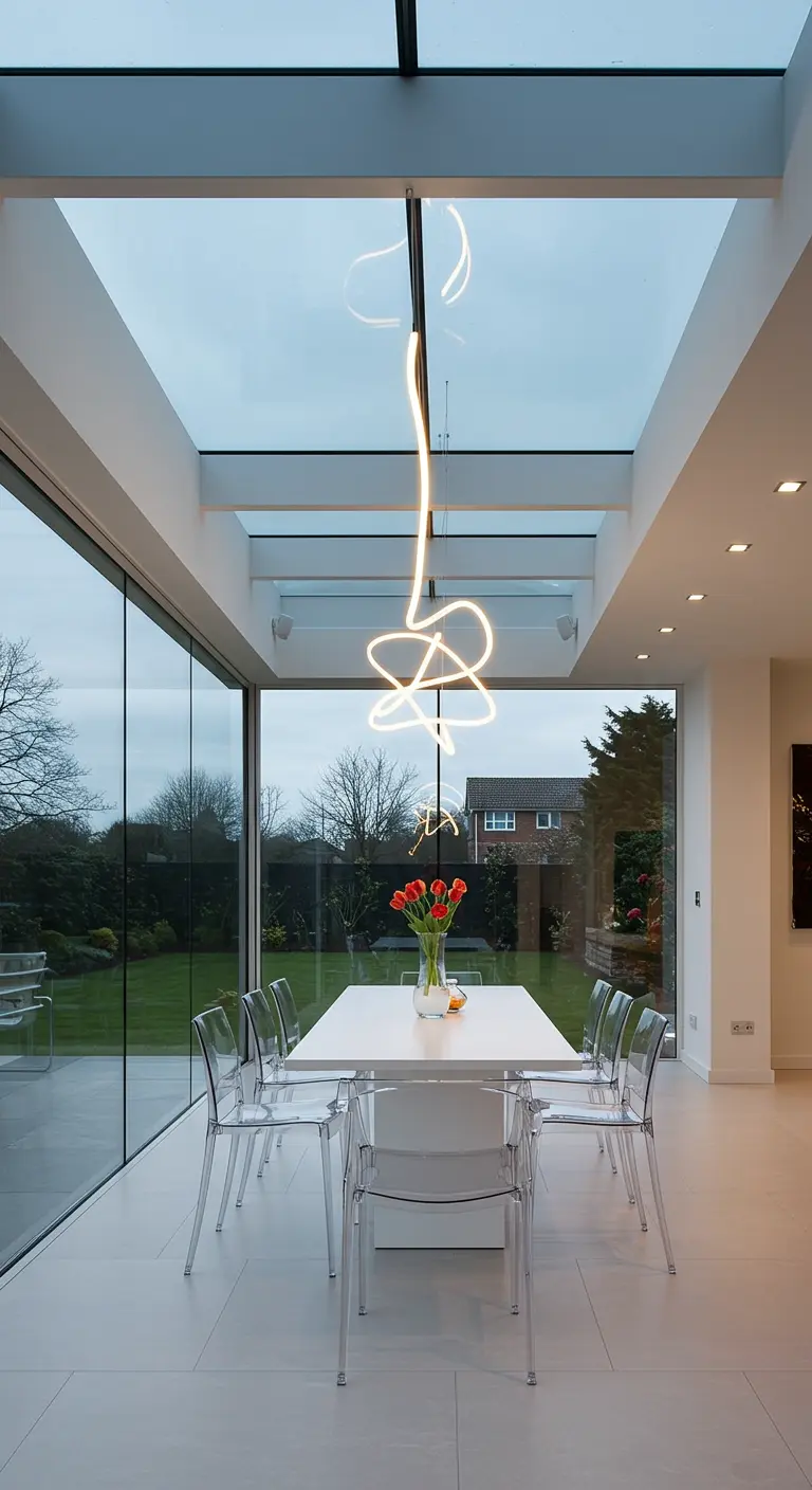Moderne, abstracte LED-lichtsculptuur boven een witte eettafel in een glazen serre.