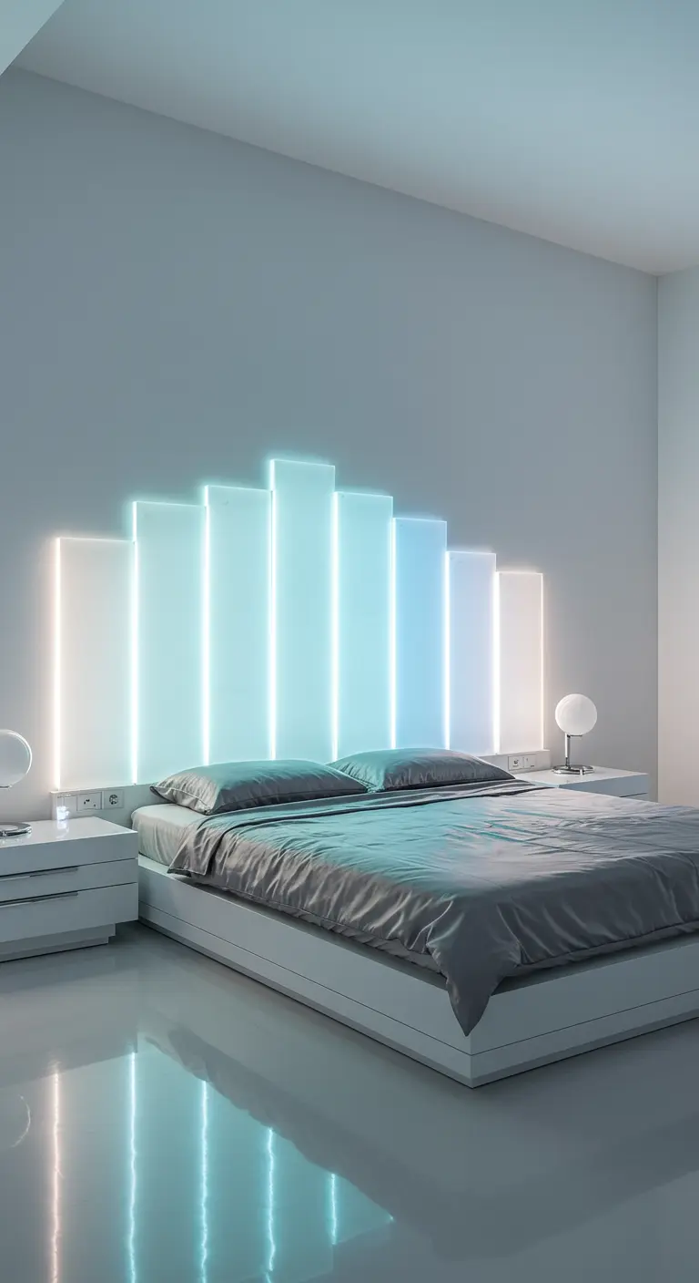 Modern hoofdbord van verticale lichtpanelen met blauw en wit LED-licht in een futuristische slaapkamer.