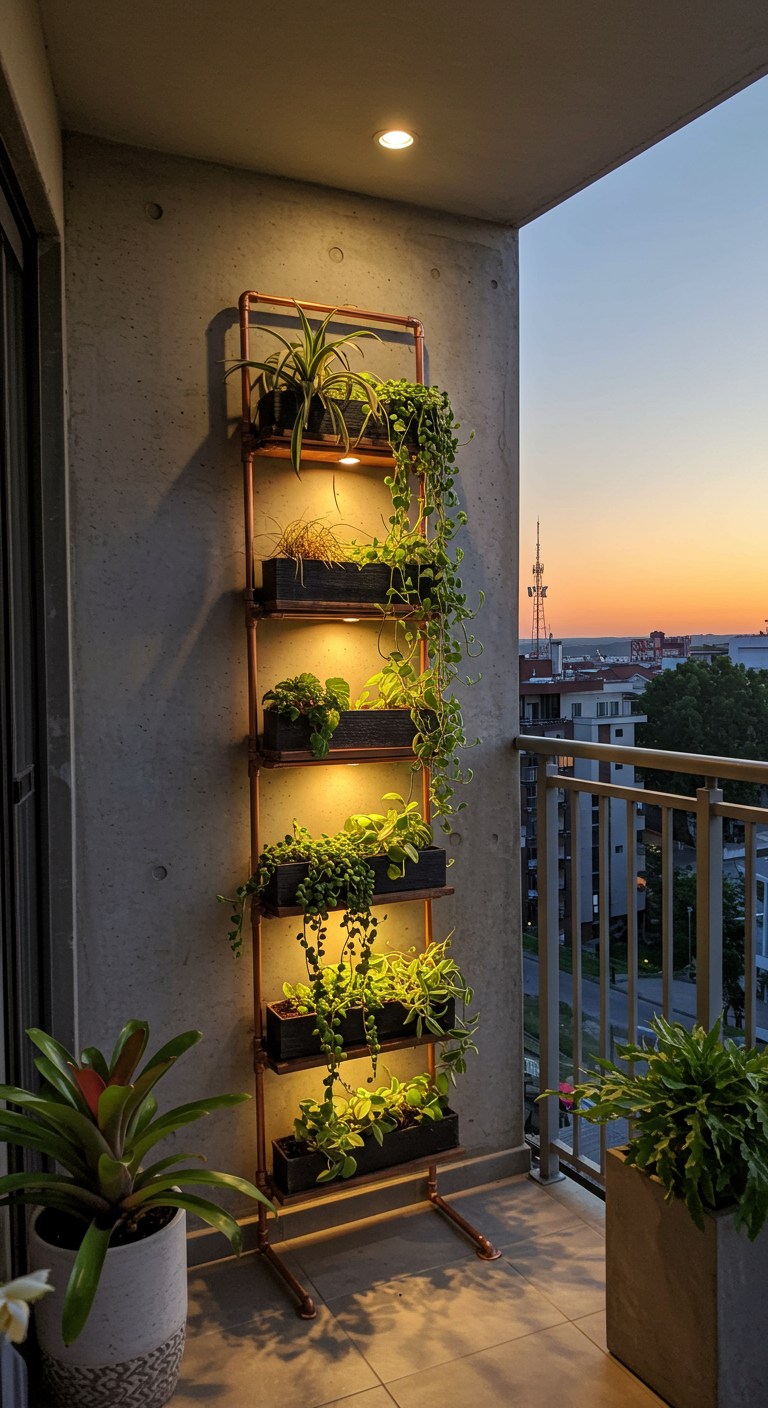 Plantenrek van koperen buizen met geïntegreerde LED-verlichting die planten uitlicht.