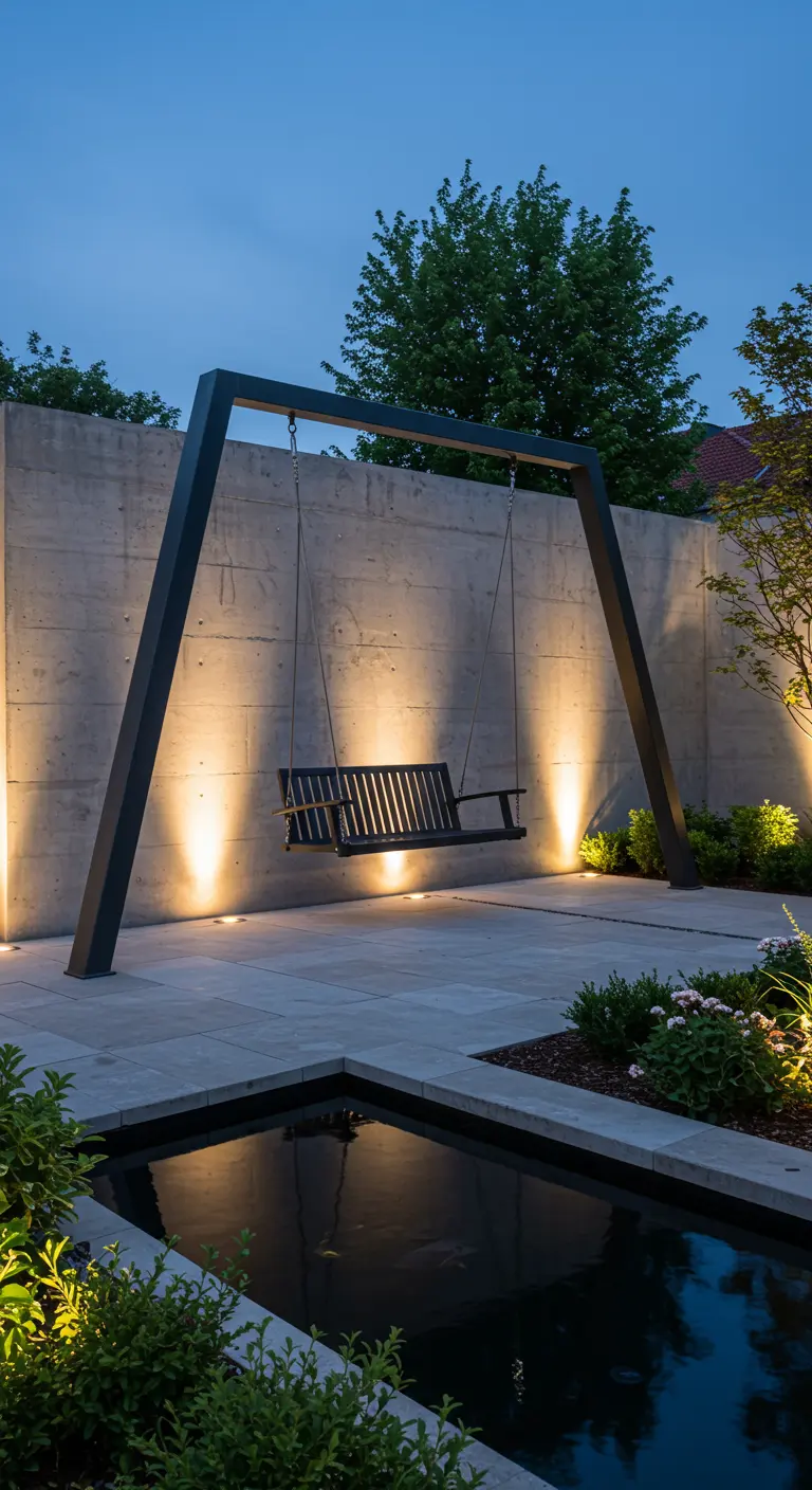 Zwarte metalen schommelbank voor een betonnen muur met verlichting en een vijver.