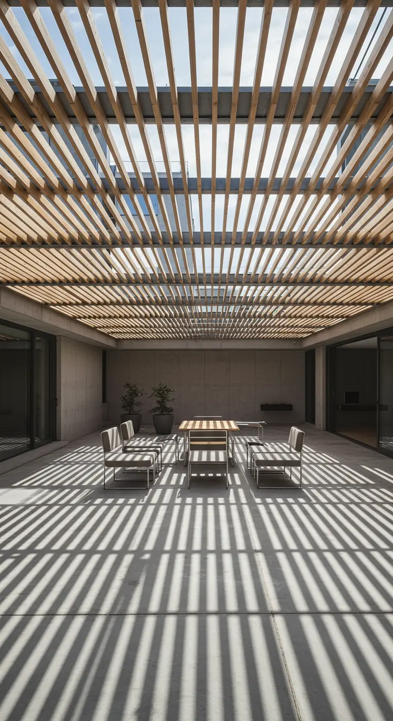 Grote binnenplaats met een uitgebreide lichte houten lattenpergola, creëert schaduwpatronen.