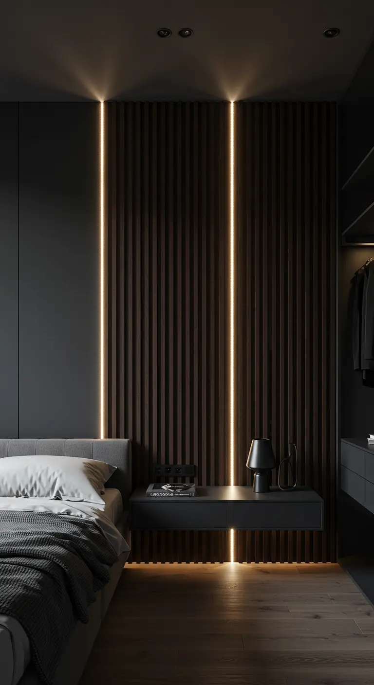 Moderne slaapkamer met donkere houten lattenwand en geïntegreerde verticale LED-verlichting.