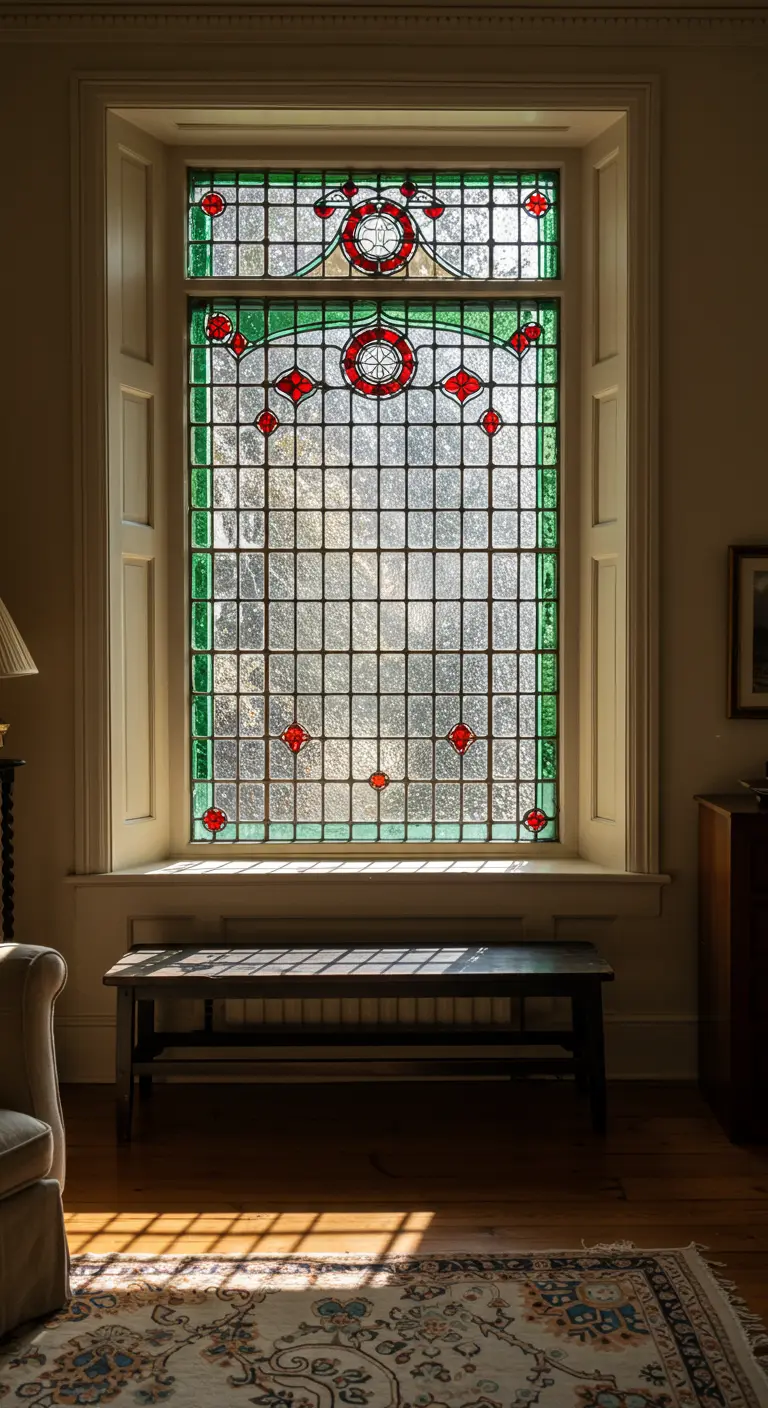 Eenvoudige houten bank voor een groot, kleurrijk glas-in-lood raam.