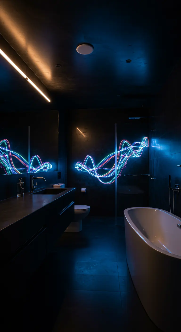 Donkere, moderne badkamer met abstracte, golvende neon lichtkunst aan de muur.