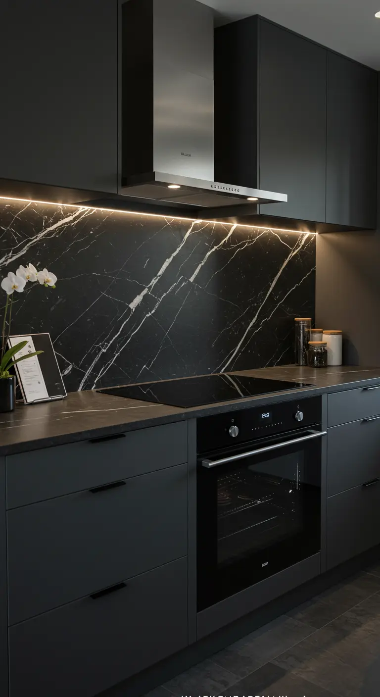 Moderne zwarte keuken met marmerlook achterwand en LED-verlichting.
