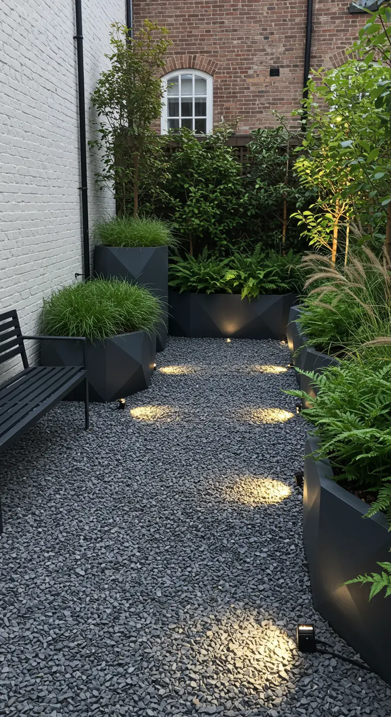 Moderne stadstuin met grijs grind, geometrische plantenbakken en sfeervolle grondspots.