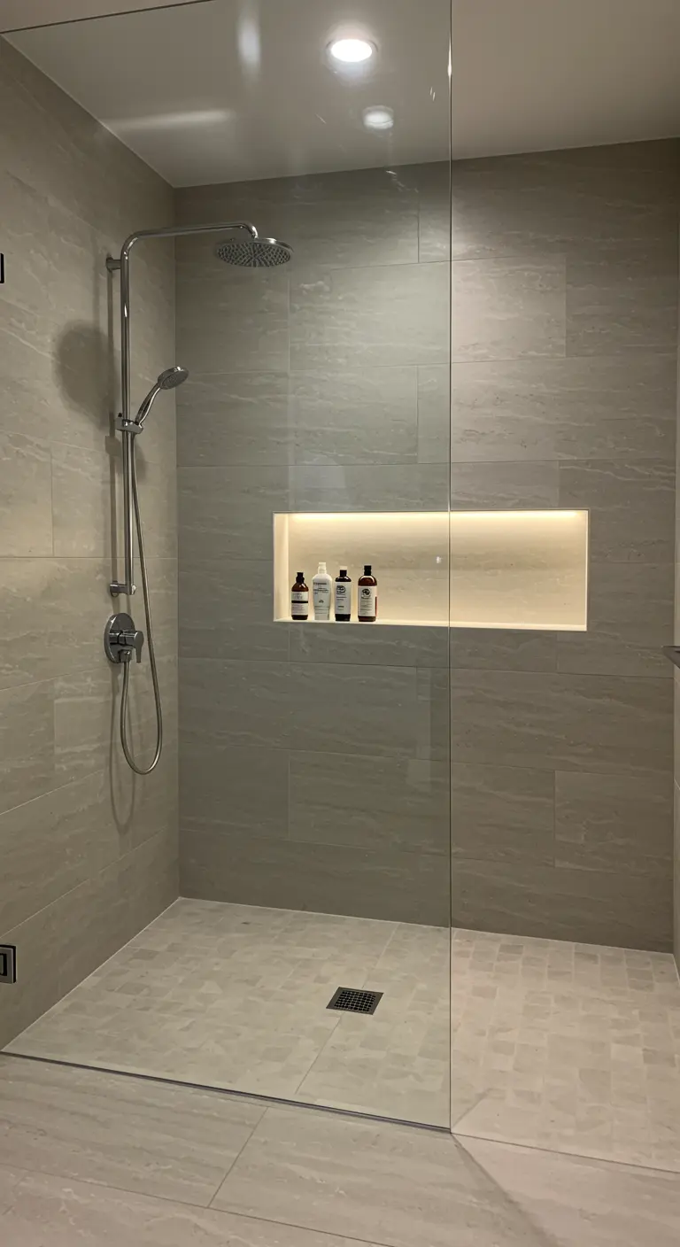 Inloopdouche met lichte natuursteen, frameloze glazen wand en een verlichte nis.