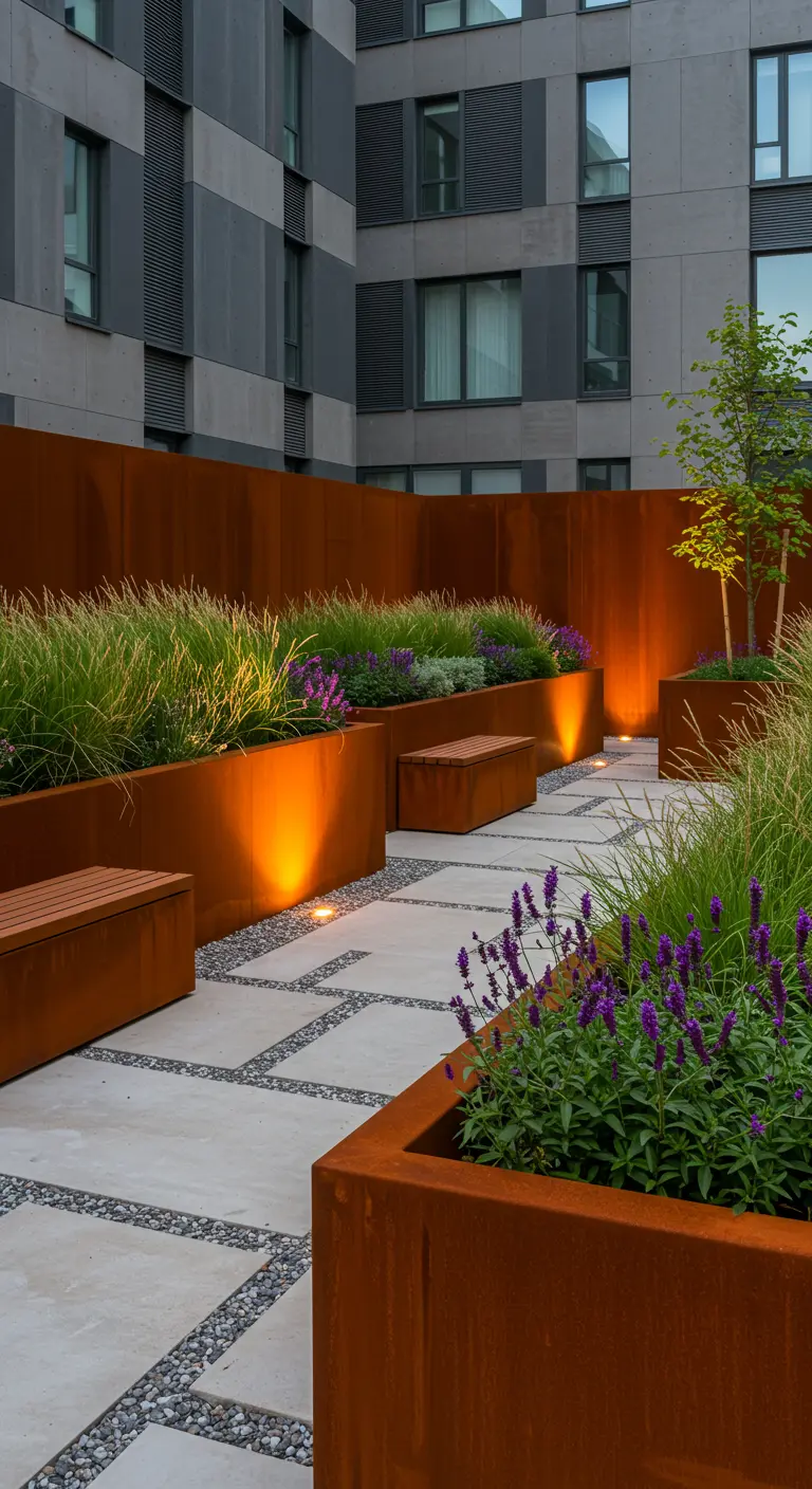 Moderne stadstuin met cortenstalen plantenbakken, verlichting en houten bankjes.