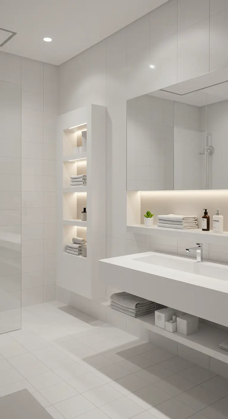 Moderne witte badkamer met ingebouwde nissen met sfeerverlichting.